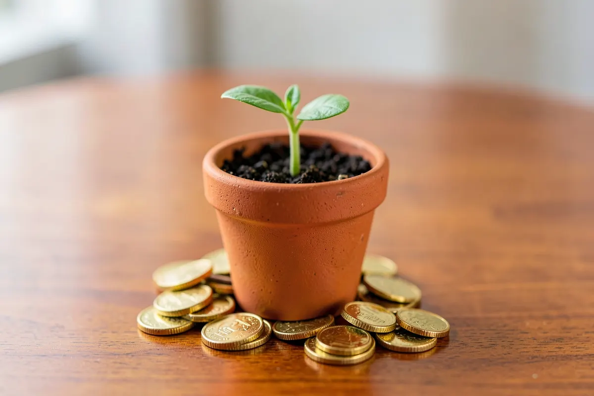 Uma pequena planta crescendo em um vaso de cerâmica, com moedas de ouro ao redor da base, sobre uma mesa de madeira.