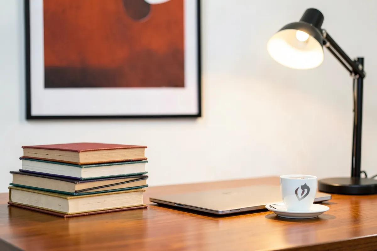 Uma pilha de livros e um laptop em uma mesa de madeira, com uma xícara de café ao lado.