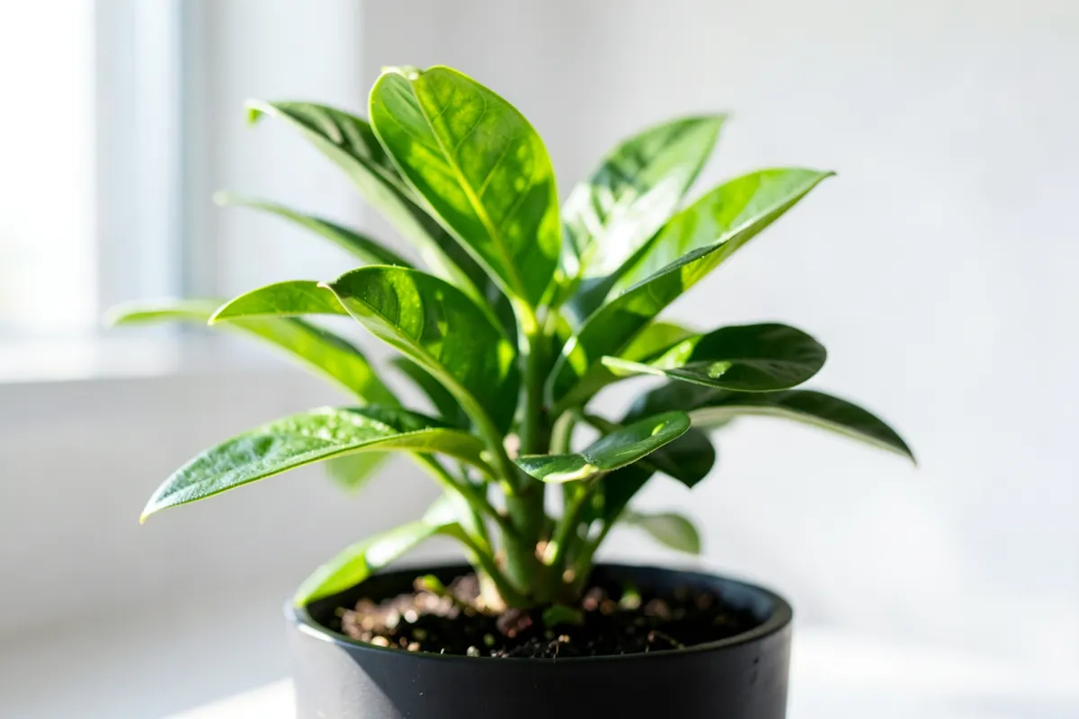 Uma planta crescendo em um vaso, com luz do sol incidindo sobre as folhas.