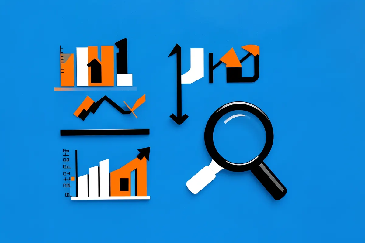 Uma composição de ícones digitais como gráficos, setas e lupas sobre um fundo azul.