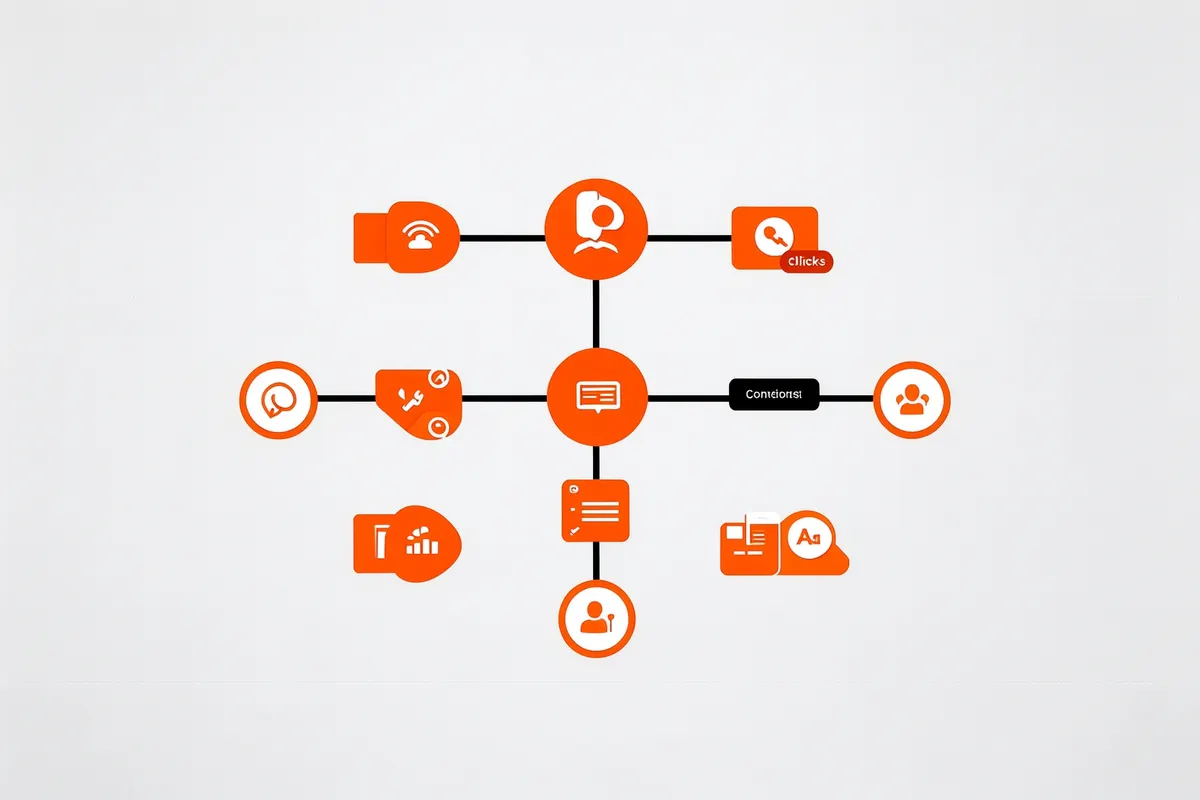 Um diagrama de fluxo mostrando a jornada do cliente, com ícones representando anúncios, cliques, landing pages e conversões, sobre um fundo branco.