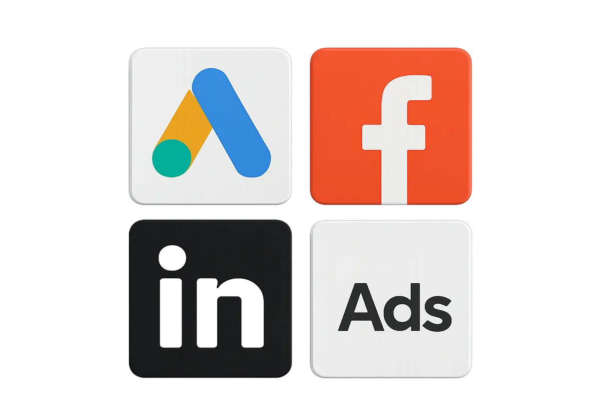 Uma colagem de logotipos de plataformas de publicidade digital como Google Ads, Facebook Ads e LinkedIn Ads, sobre um fundo cinza texturizado.