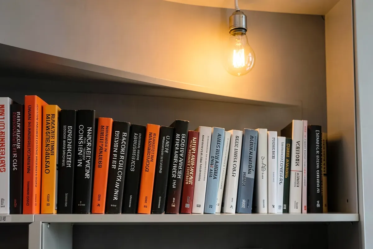 Uma estante de livros com títulos sobre marketing digital e publicidade online, com uma lâmpada acesa acima, sobre um fundo de parede de tijolos.