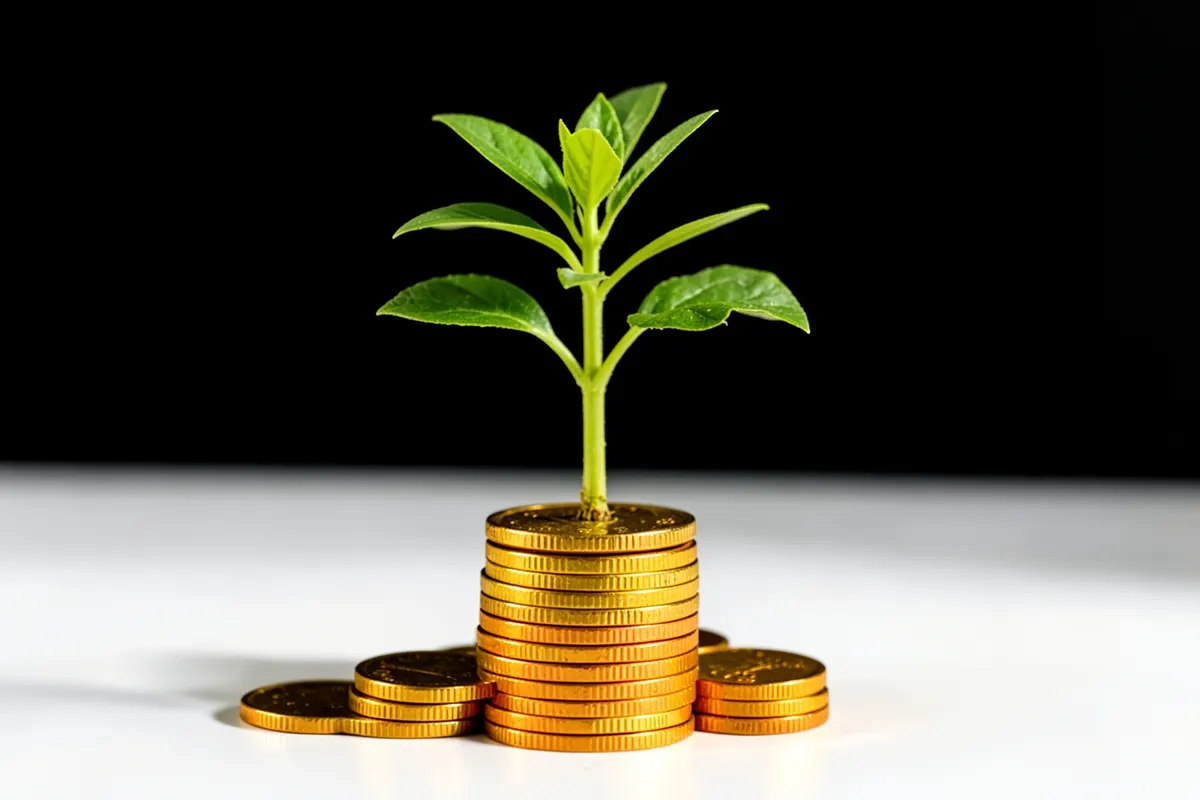 Uma planta crescendo em uma pilha de moedas, simbolizando o crescimento de vendas através da conversão de leads.