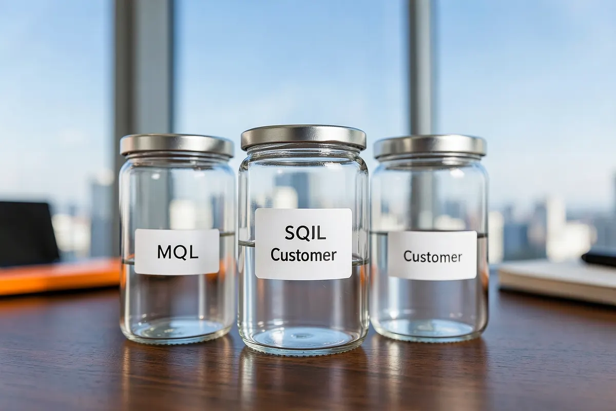 Três recipientes com rótulos diferentes: "MQL", "SQL" e "Cliente", representando os tipos de leads.