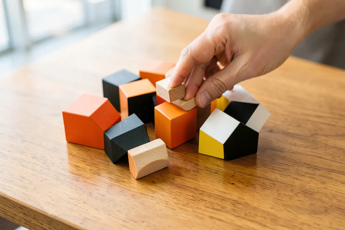 Uma pessoa anônima organizando blocos de madeira coloridos em uma mesa, simulando a escolha de diferentes canais de marketing.