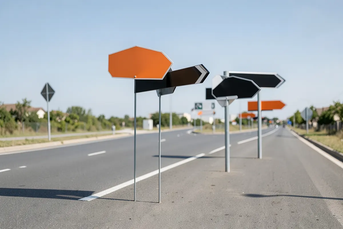 Uma estrada com várias placas de sinalização apontando em direções diferentes, representando os desafios e as escolhas na seleção de canais de anúncios.