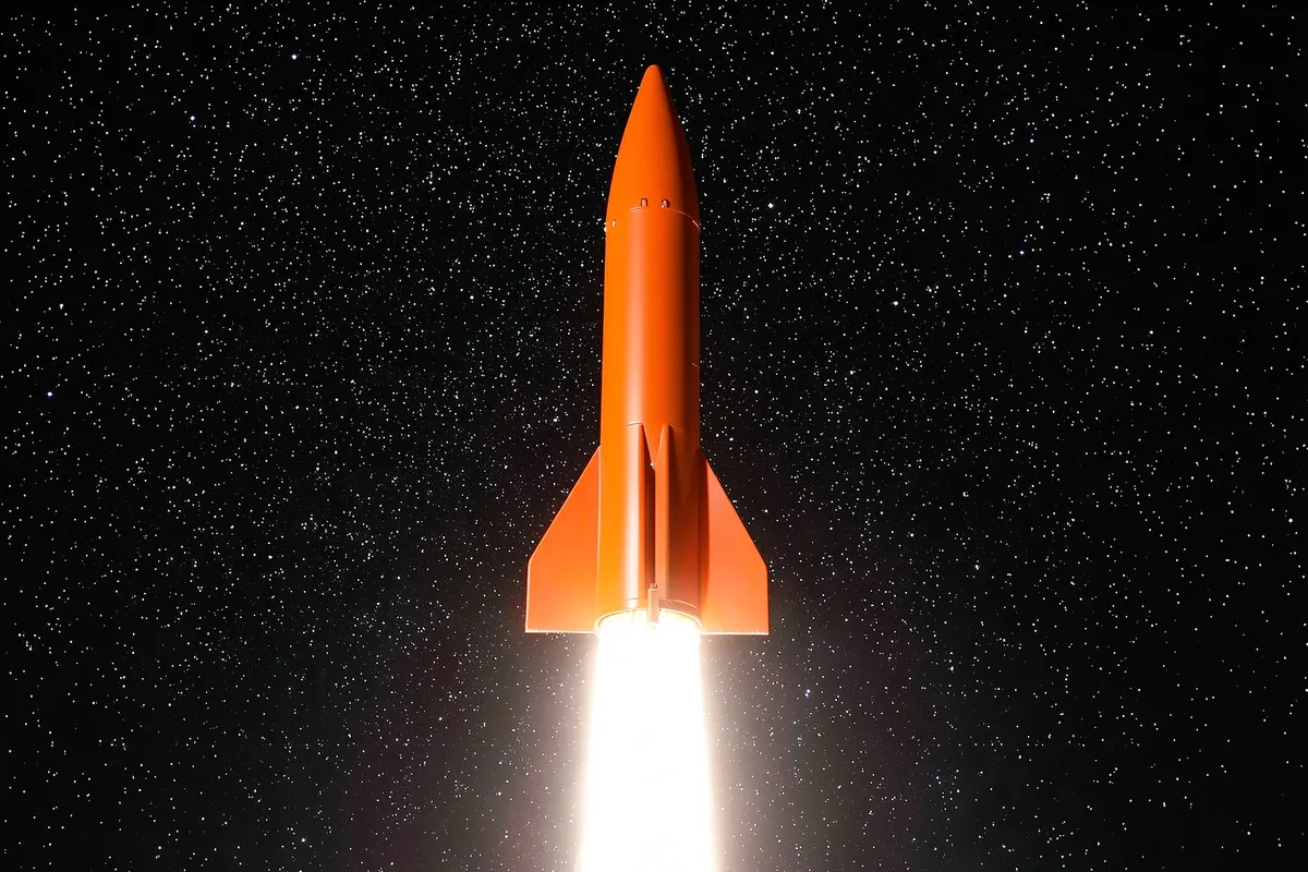 Um foguete decolando em direção a um céu estrelado, simbolizando o futuro e a inovação nos canais de anúncios.