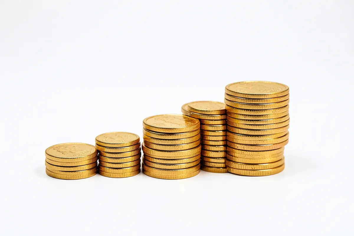 Um gráfico de barras ascendente feito de moedas de ouro empilhadas, simbolizando crescimento financeiro.