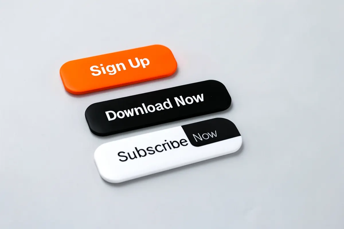 Uma coleção de diferentes botões de call-to-action (CTAs) com textos variados como "Inscreva-se", "Baixe Agora", "Assine Já".