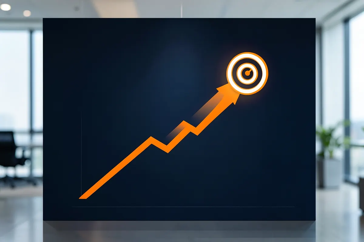 Um gráfico de linha mostrando uma curva ascendente com um marcador de alvo no pico, sobre um fundo azul escuro.