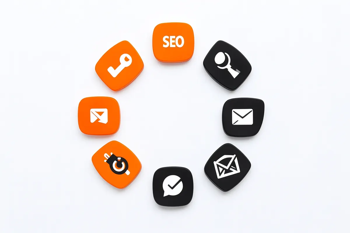 Um conjunto de ícones representando diferentes canais de marketing digital, como SEO, mídias sociais e e-mail marketing, dispostos em um círculo.