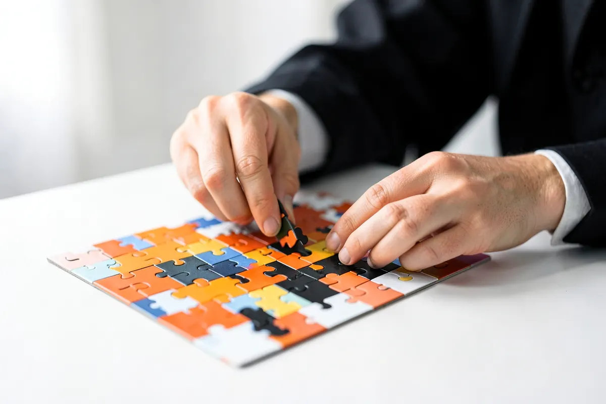 Uma pessoa montando um quebra-cabeça complexo com peças coloridas em uma mesa.