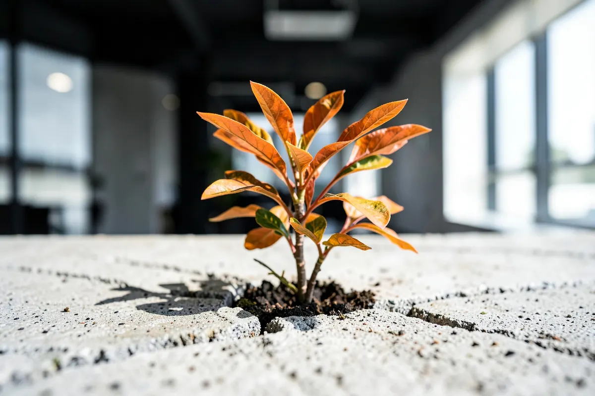 Uma planta pequena lutando para crescer através de rachaduras em um concreto.