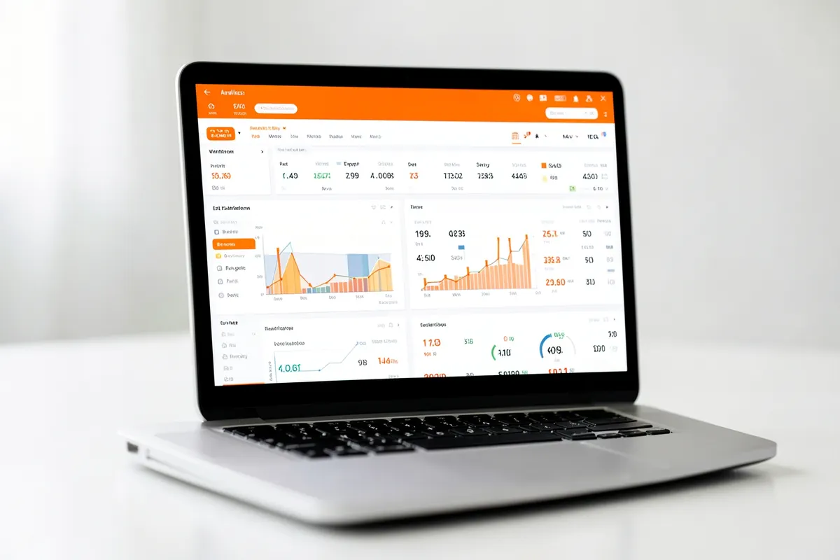 Um close-up de um laptop exibindo um painel de análise com gráficos e números.