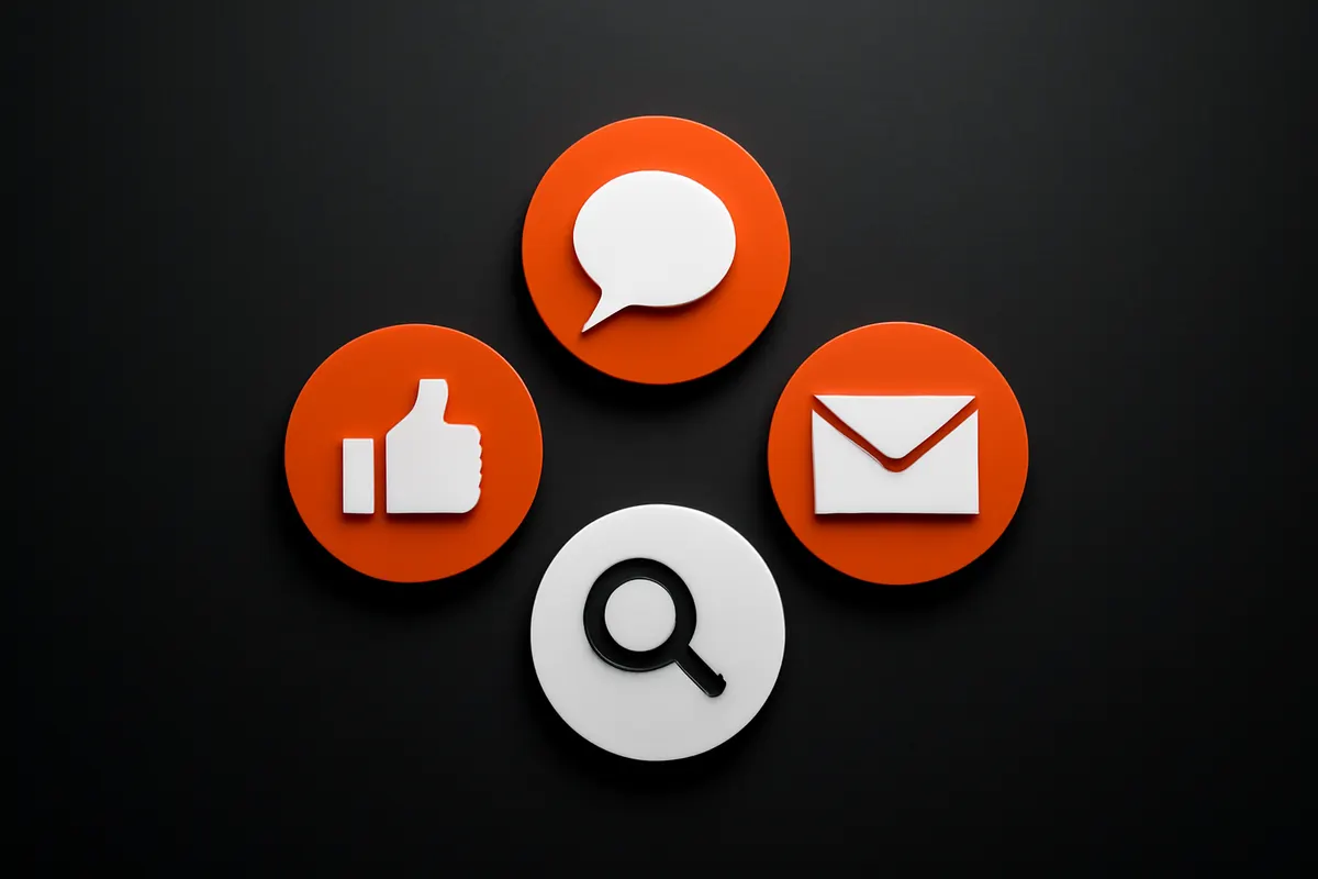 Uma representação visual de diferentes canais de tráfego, como ícones de redes sociais, pesquisa e email, dispostos em um círculo.