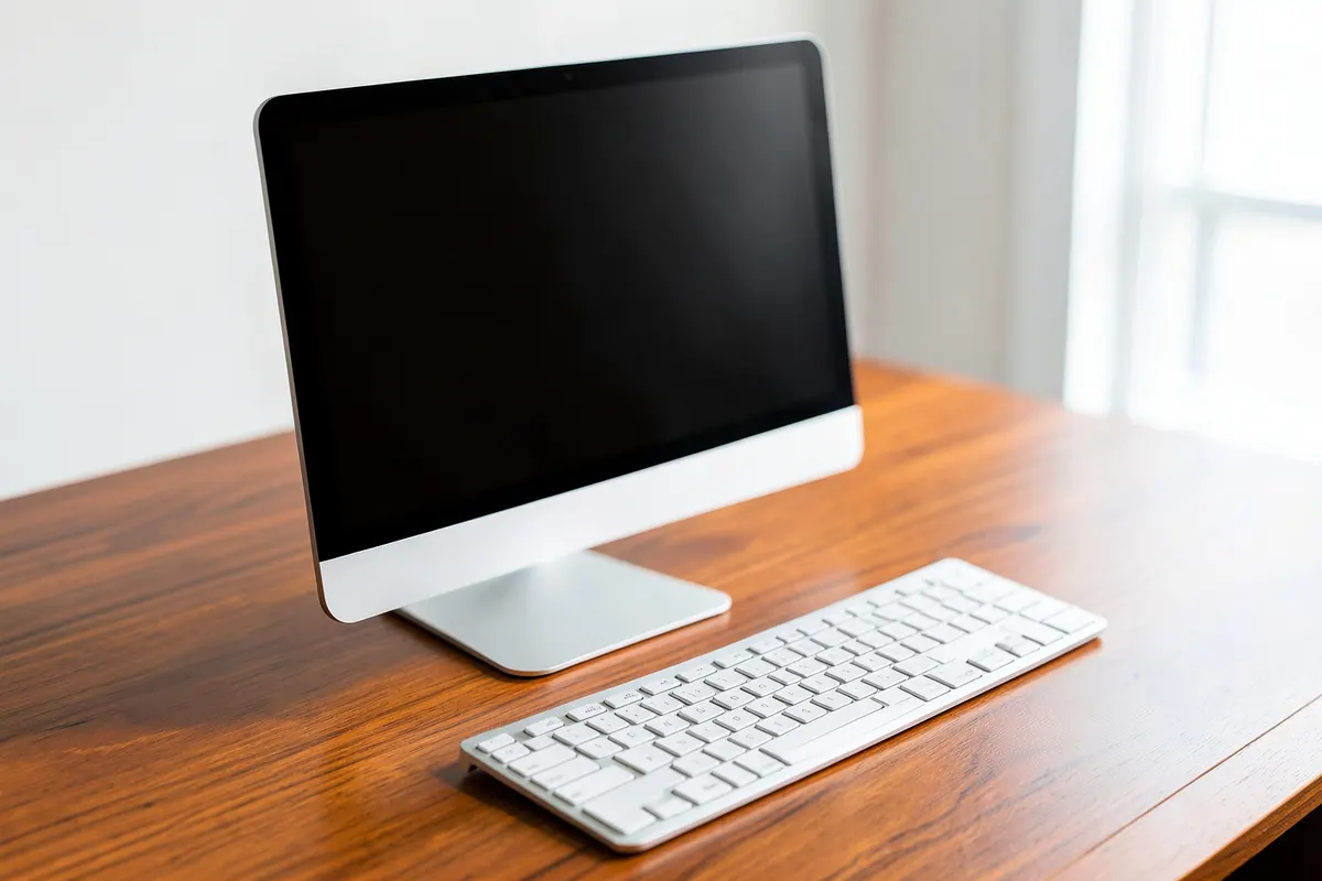 Um computador com uma tela em branco e um teclado em uma mesa de madeira, com uma planta pequena ao lado.