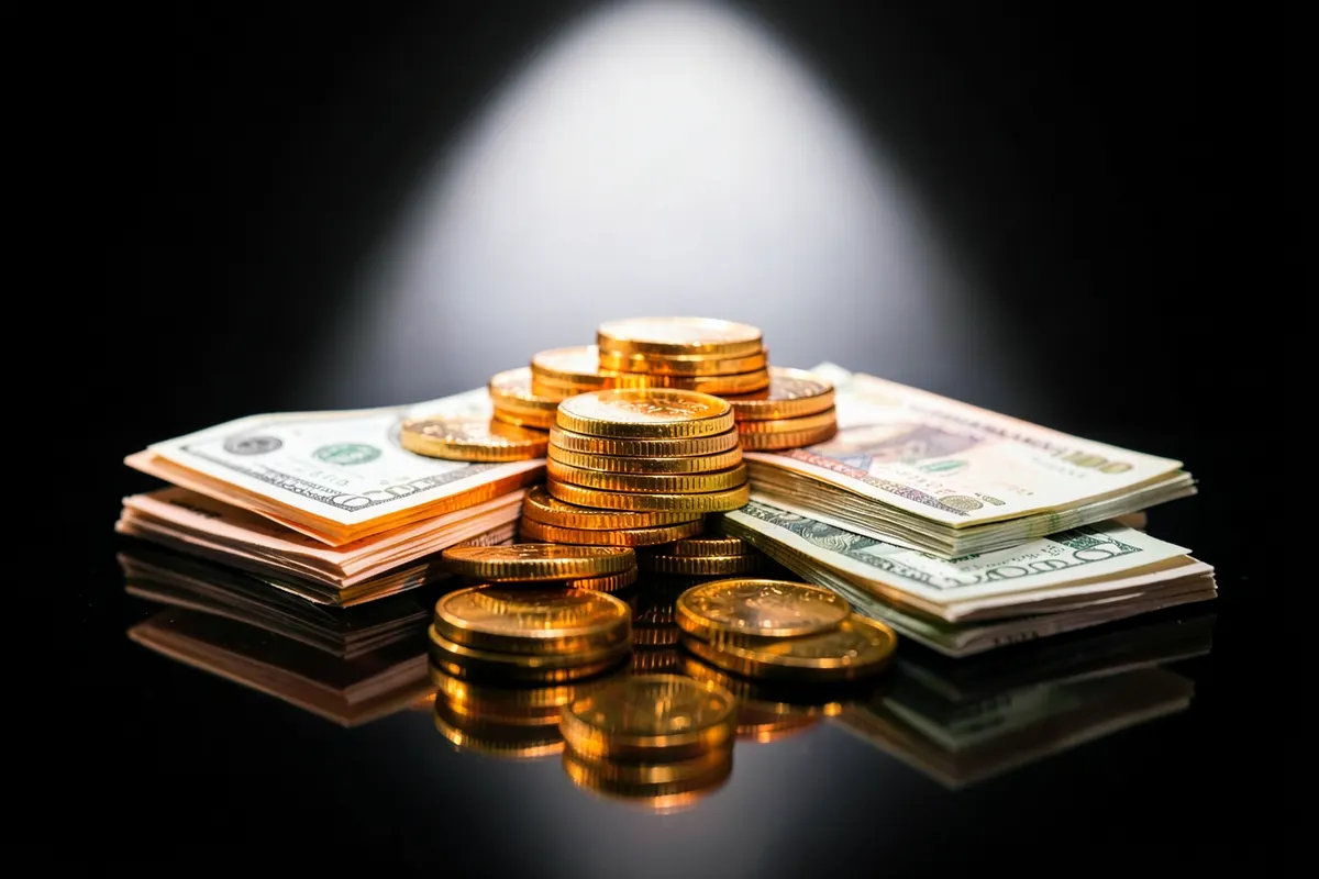 Uma pilha de moedas de ouro e notas de dinheiro em uma superfície escura.
