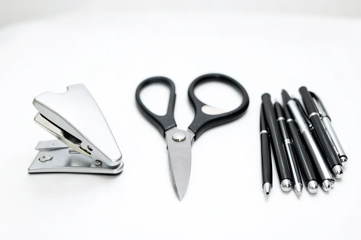 Um conjunto de ferramentas de escritório organizadas em uma mesa limpa.