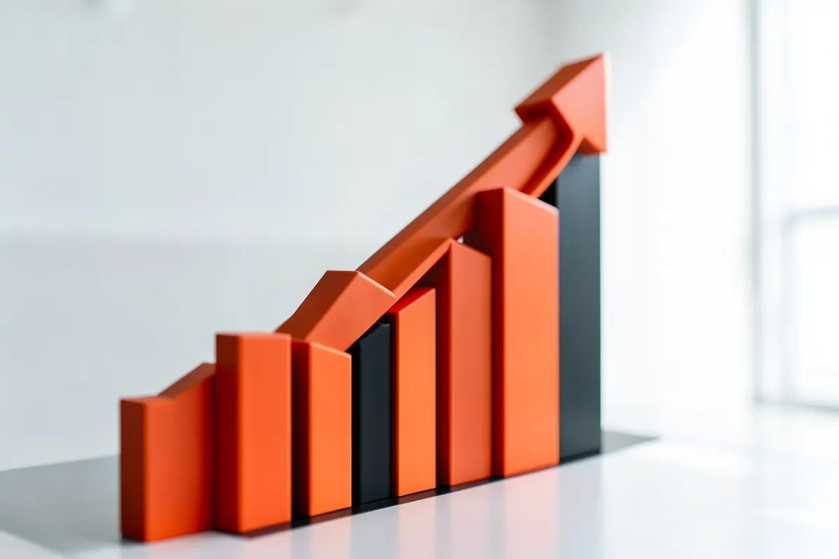 Um gráfico de barras ascendente representando o crescimento de vendas, com uma seta curva indicando a progressão em um funil.