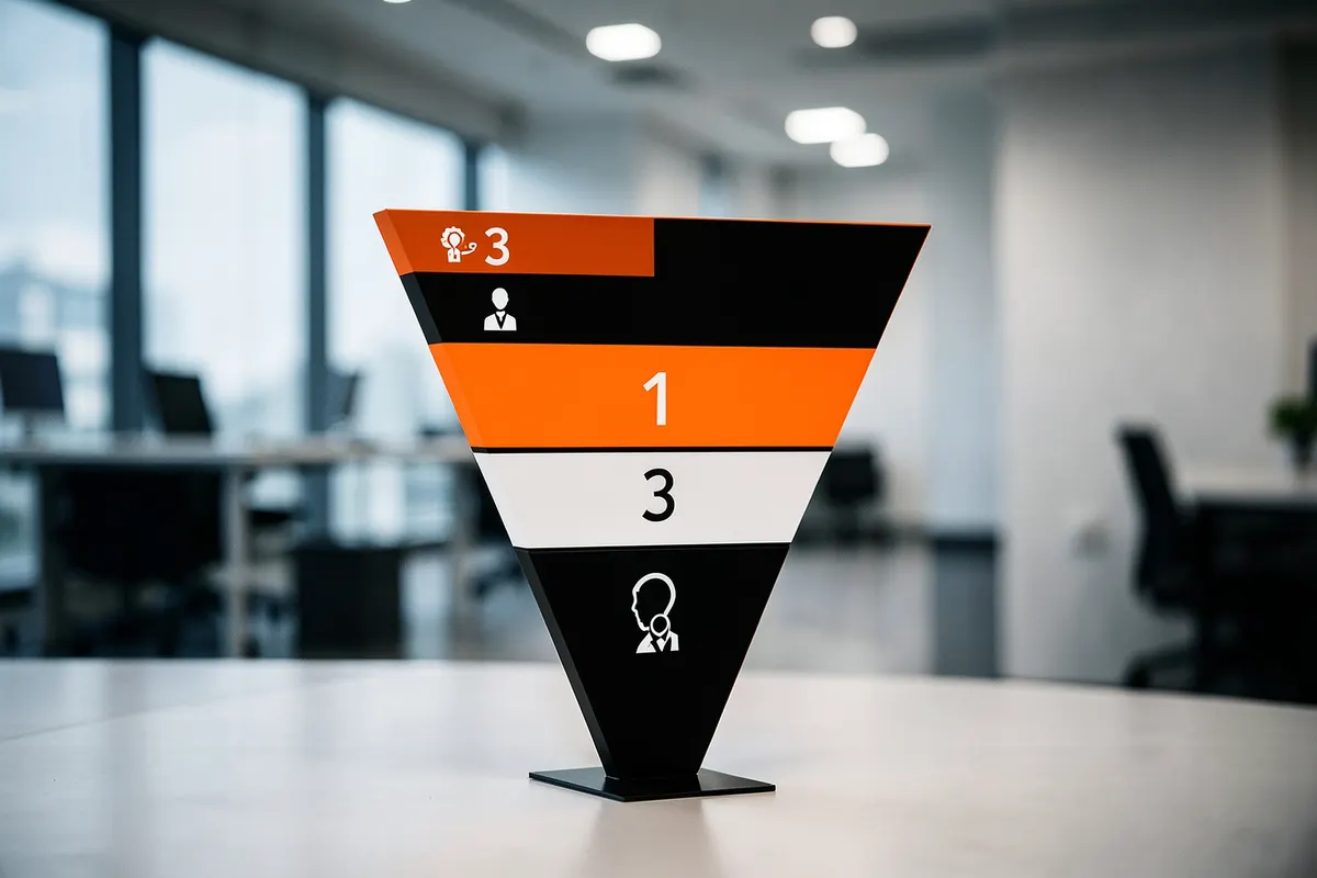 Uma representação visual de um funil de vendas com etapas numeradas e ícones de engajamento do cliente.