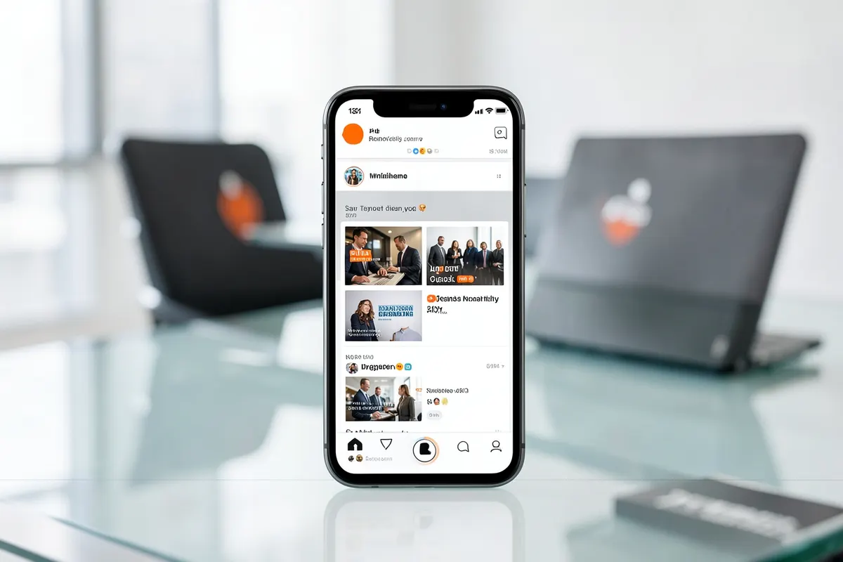 Tela de celular exibindo um feed de rede social com anúncios.