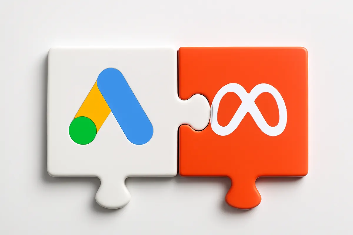 Peças de quebra-cabeça se encaixando com os logos do Google Ads e Meta Ads.