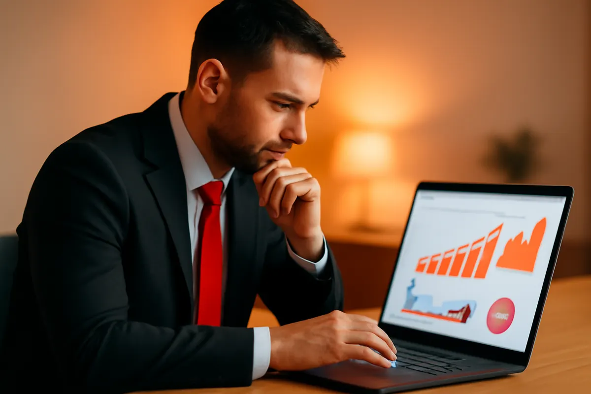 Profissional analisando métricas de tráfego pago em um laptop.