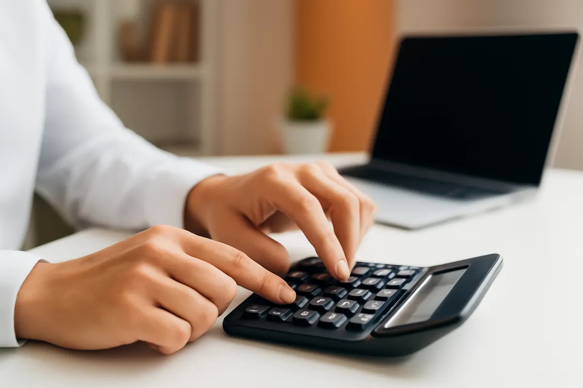 Pessoa calculando custos de anúncios online em uma calculadora.