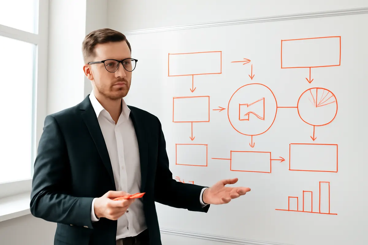 Jovem planejando estratégia de marketing digital em um quadro branco.