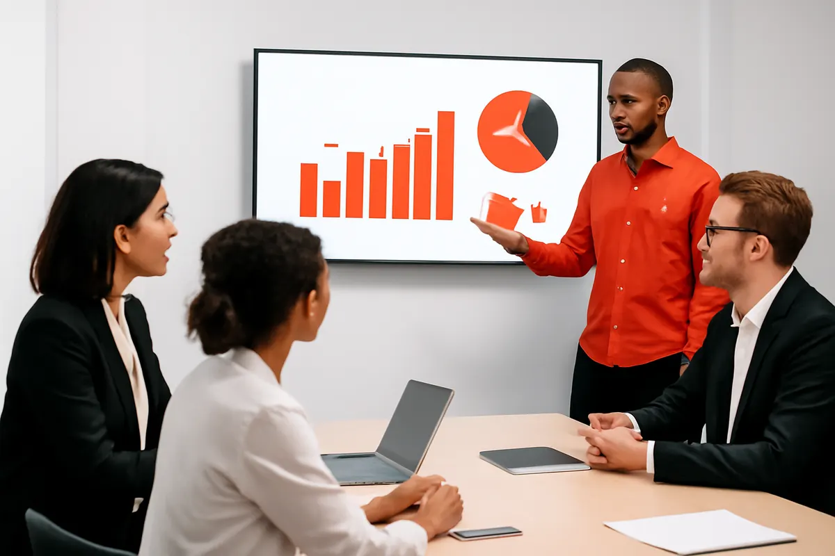 Profissional de marketing digital em reunião com equipe.