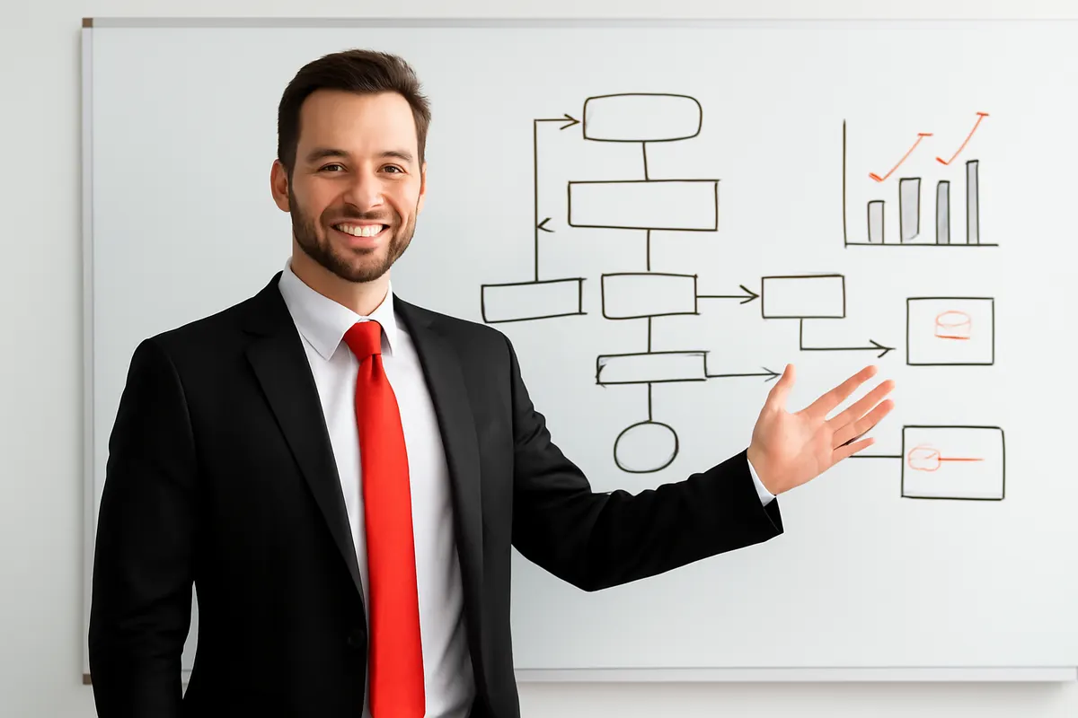 Homem de terno sorrindo e gesticulando em frente a um quadro branco com diagramas de fluxo.