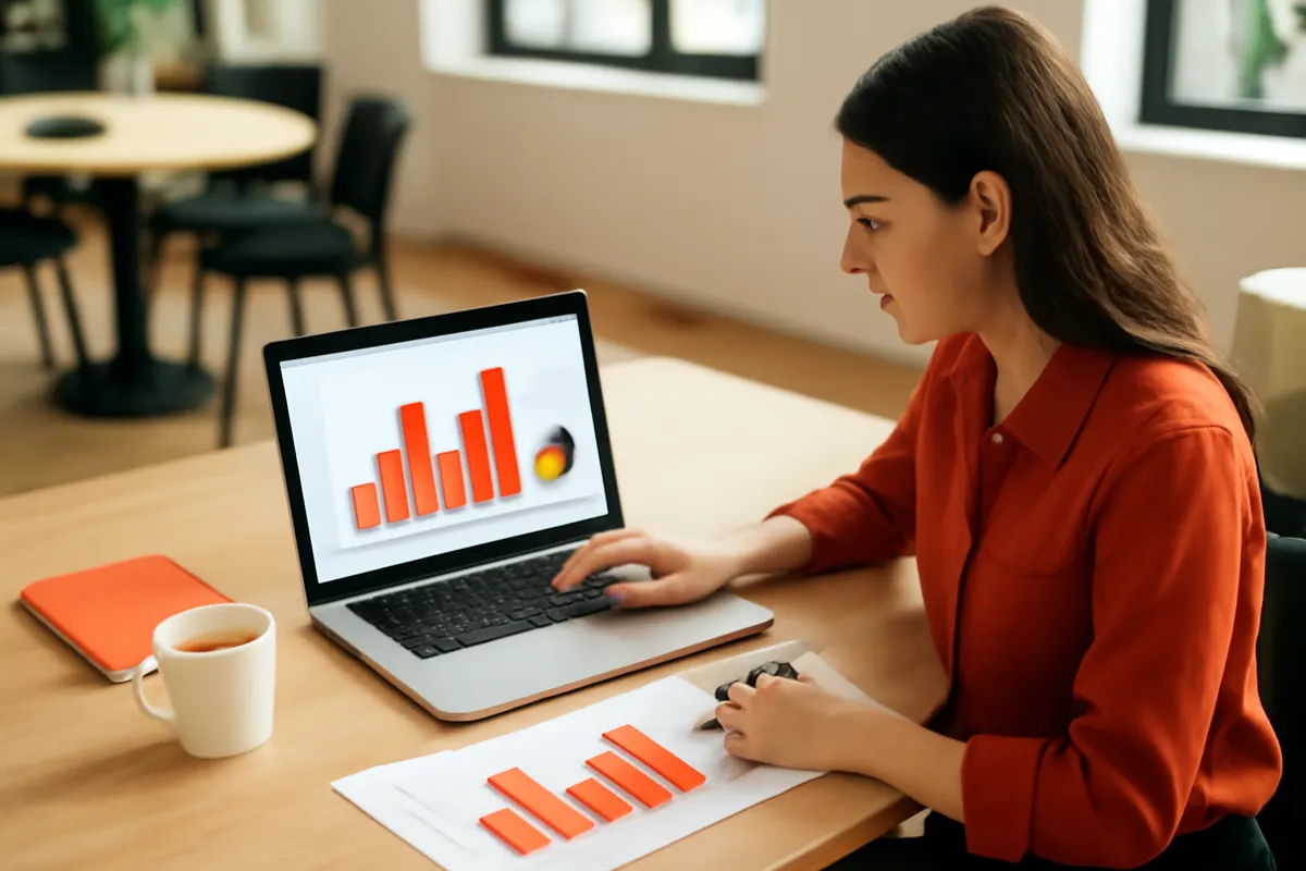 Mulher jovem analisando dados em um laptop em um ambiente de coworking.