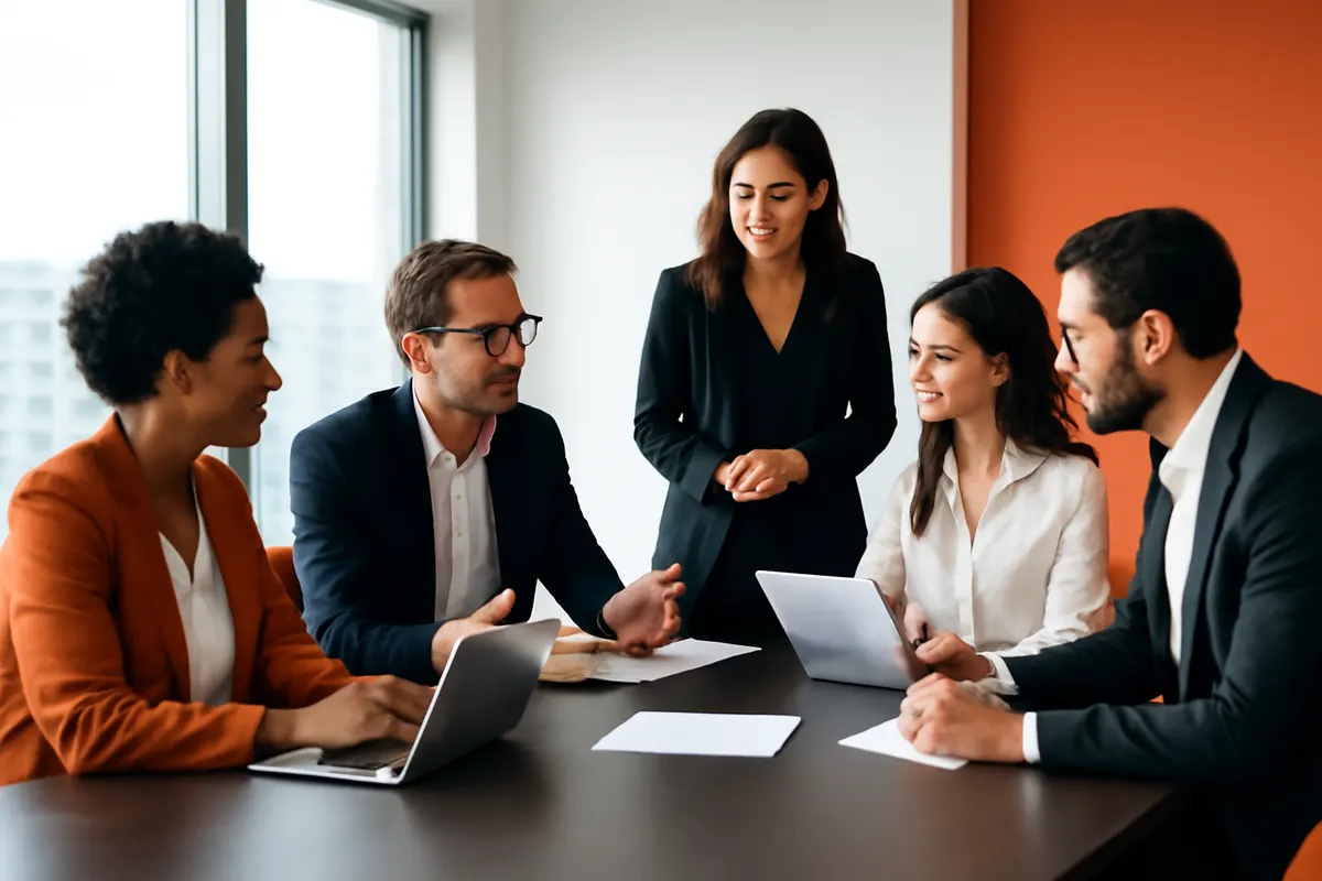 Grupo de profissionais de marketing reunidos em uma sala de conferências discutindo estratégias.