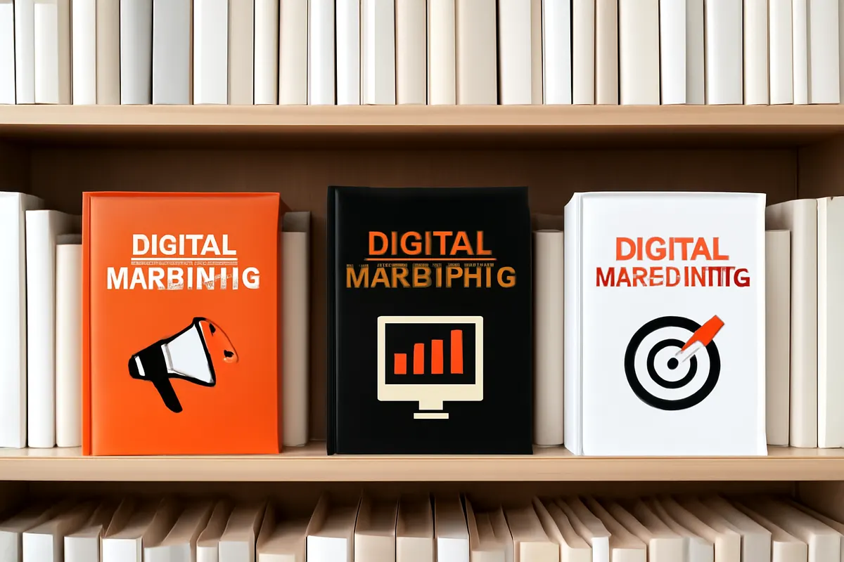 Cena ampla de uma estante de livros com foco em títulos sobre marketing digital