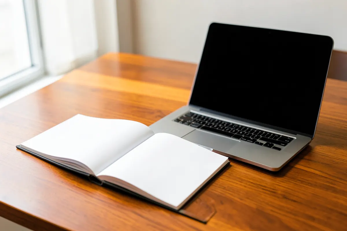 Plano médio de um livro sobre marketing digital aberto sobre uma mesa com um laptop ao lado