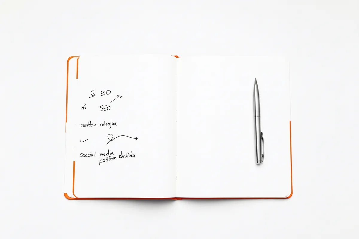 Vista de cima de um caderno com anotações sobre marketing digital e uma caneta ao lado