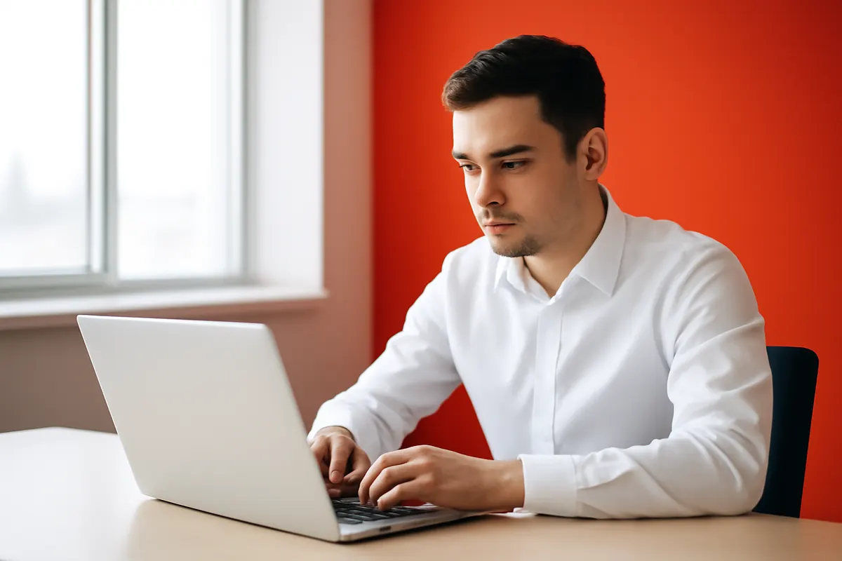 homem sorrindo estudando marketing digital em casa