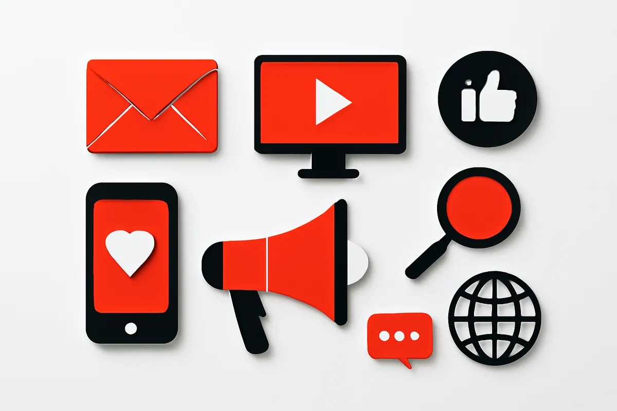 diversos ícones representando tipos de marketing digital