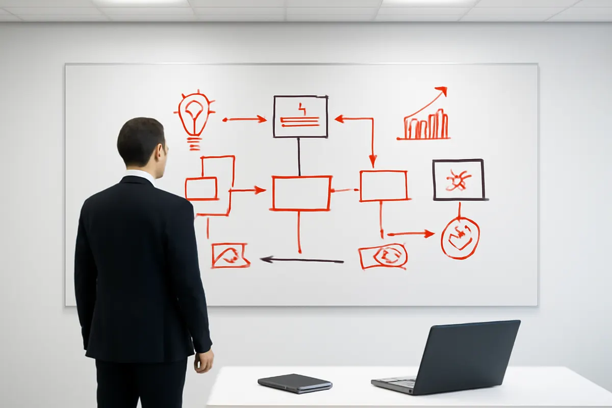 pessoa planejando carreira em marketing digital no quadro branco