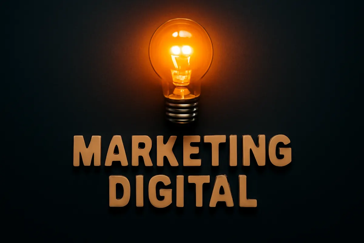 lâmpada acesa sobre a palavra marketing digital em letras de madeira