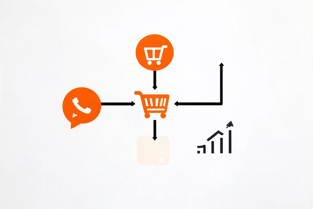 Um diagrama de fluxo com setas conectando ícones de redes sociais, um carrinho de compras e um gráfico de crescimento.