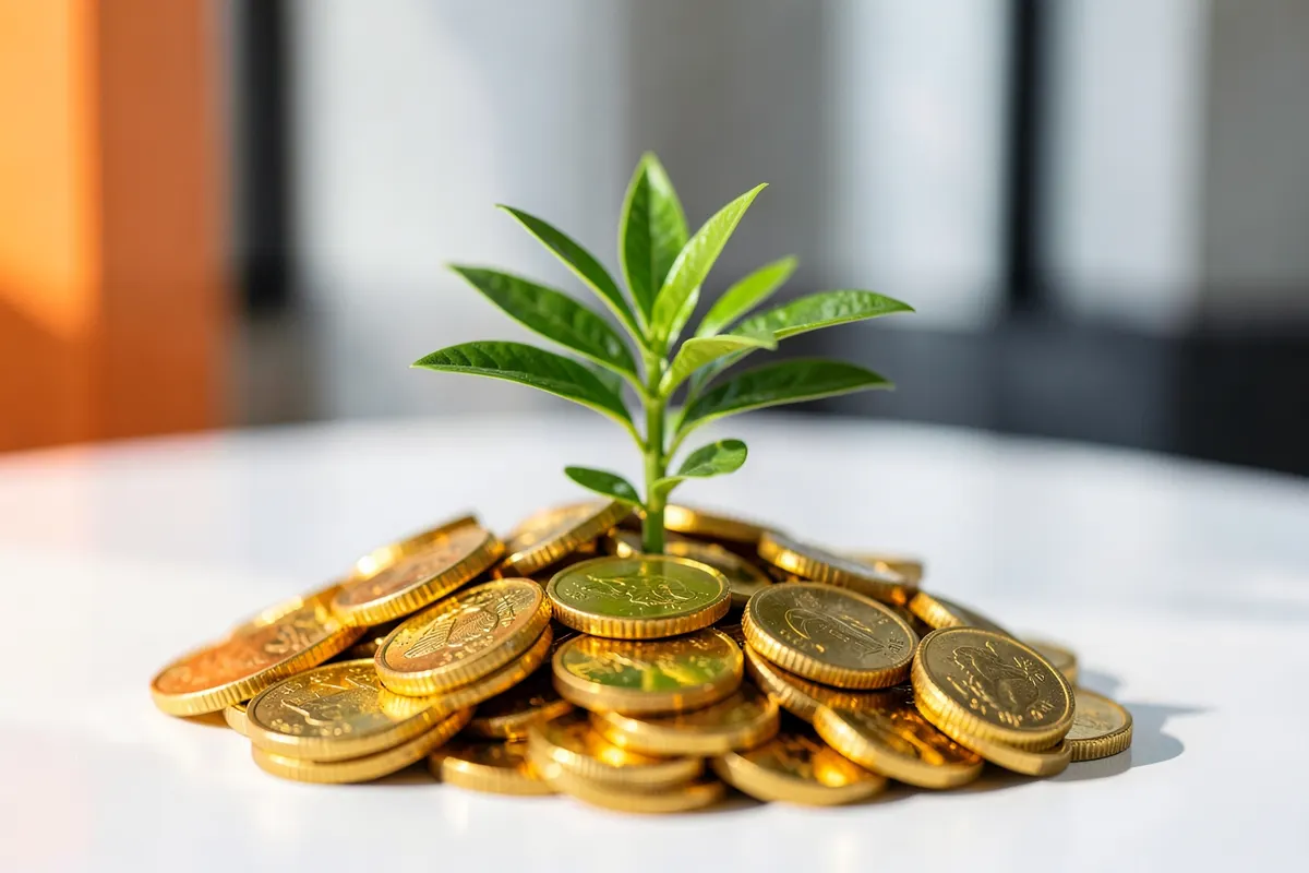 Uma planta crescendo em uma pilha de moedas de ouro, com um pequeno regador ao lado.