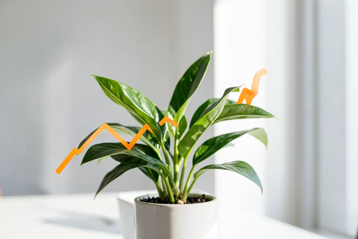 Símbolo de gráfico de linha ascendente feito de folhas verdes crescendo.