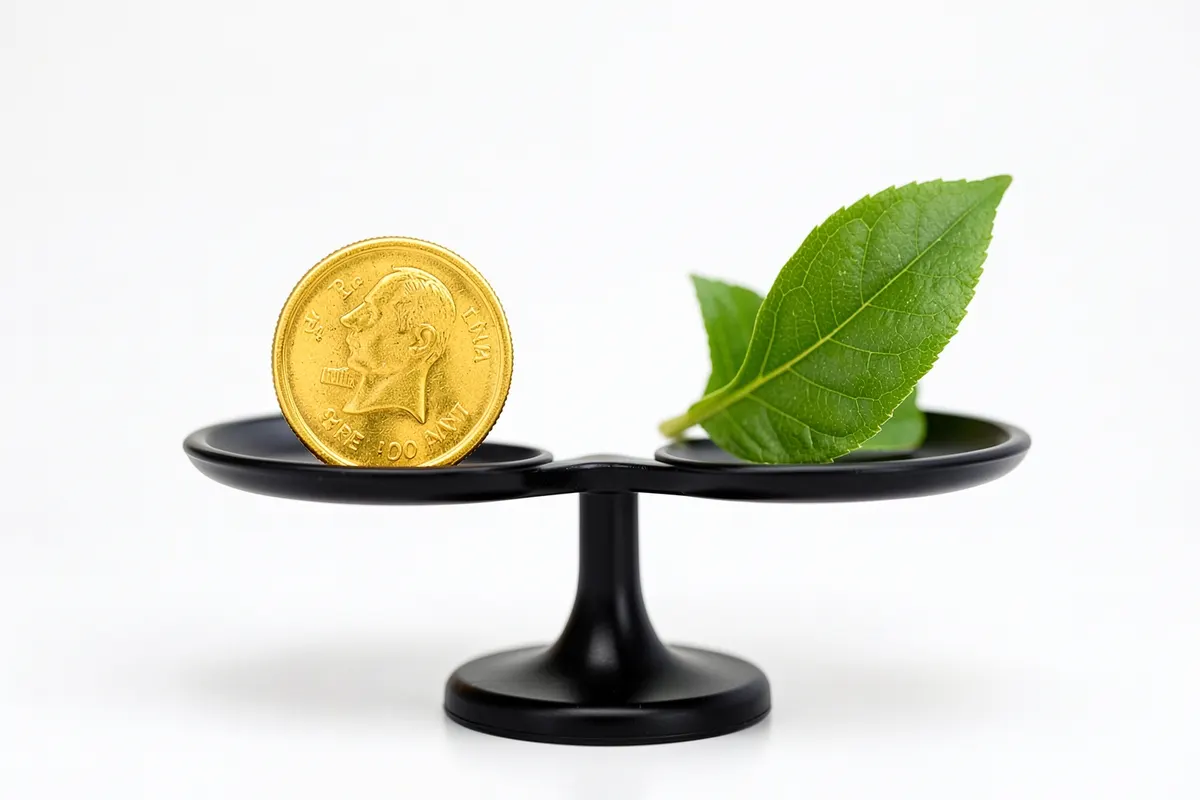 Uma balança com uma moeda de ouro de um lado e uma folha verde do outro.