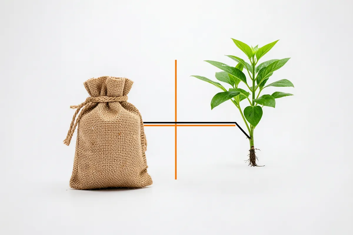 Um diagrama de fluxo conectando um saco de dinheiro a uma planta crescendo.