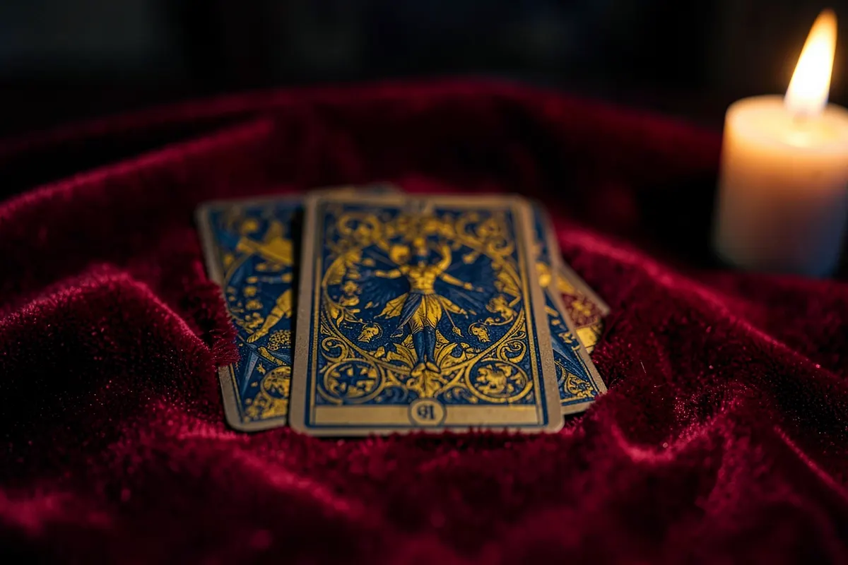 Três cartas do baralho cigano dispostas em linha reta sobre um tecido aveludado vermelho, com uma única vela acesa ao lado.