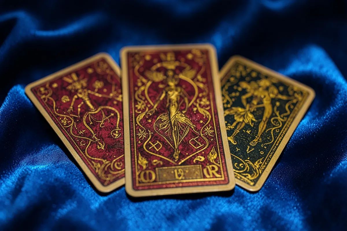 Um close-up de três cartas do baralho cigano mostrando símbolos místicos, dispostas sobre um fundo de seda azul.