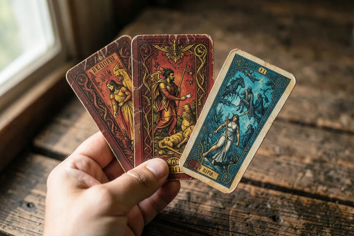 Uma mão segurando três cartas do baralho cigano abertas, revelando imagens de sorte e destino, sobre um fundo de madeira rústica.