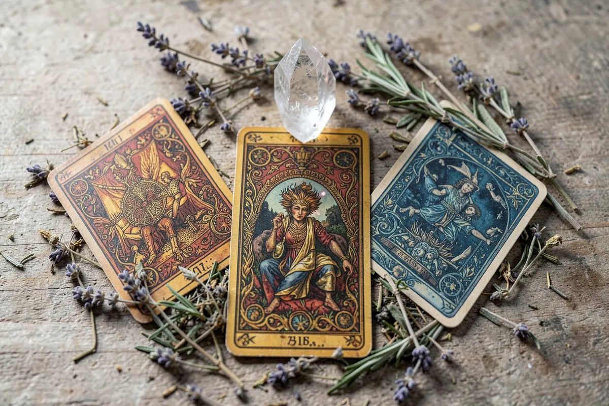 Um arranjo de três cartas do baralho cigano com um cristal de quartzo e ervas secas, sugerindo intuição e clareza.